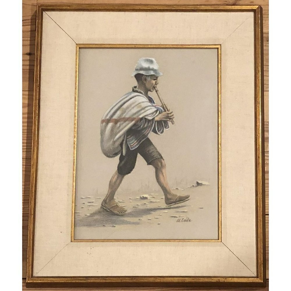 VTG 19"x23" Framed Pastel PRINT Man Playing Flute Recorder by Artist WALT CUDE